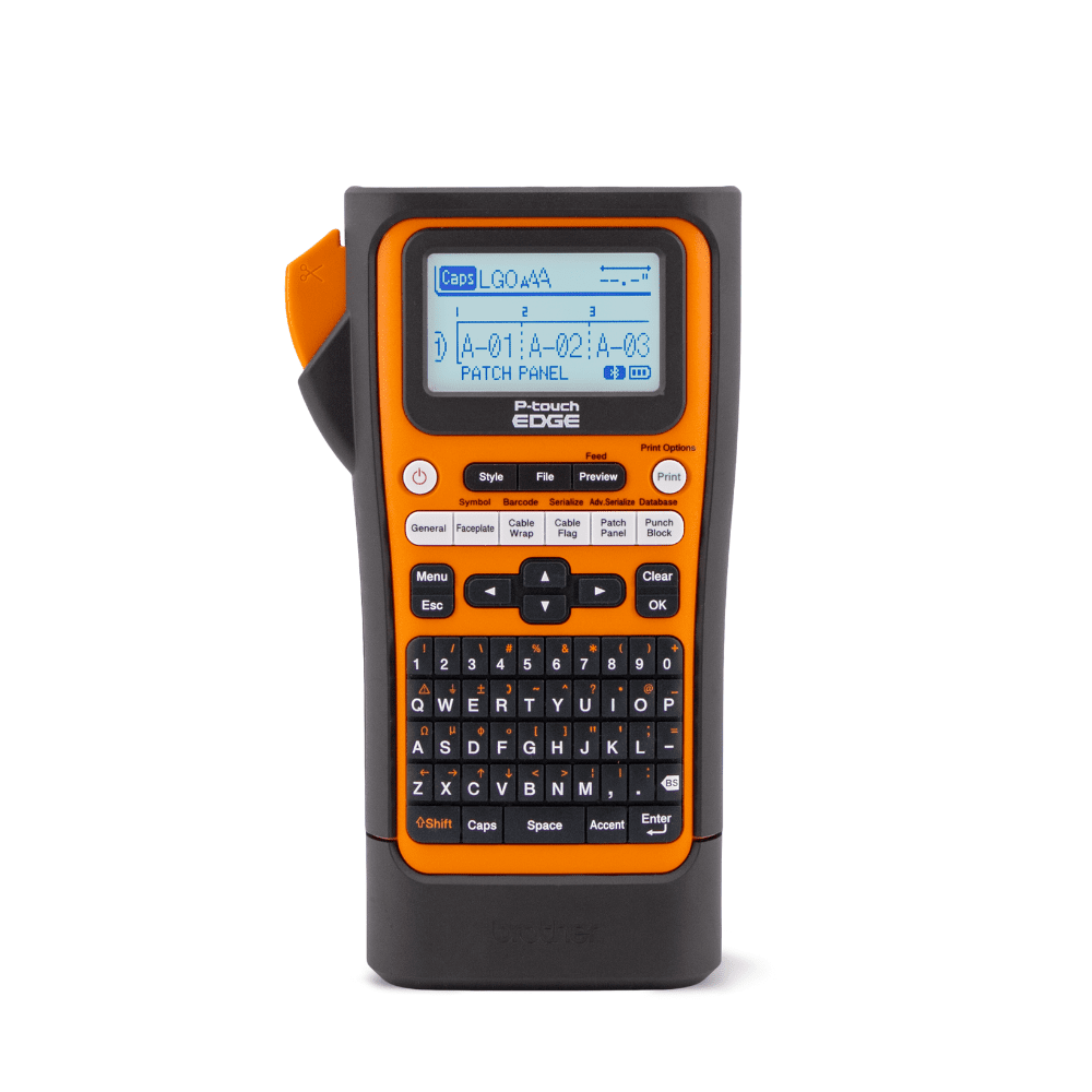 Portable label printer with a QWERTY keyboard and LCD screen displaying label text. The device is black with orange accents and features various buttons for navigation and operation.
