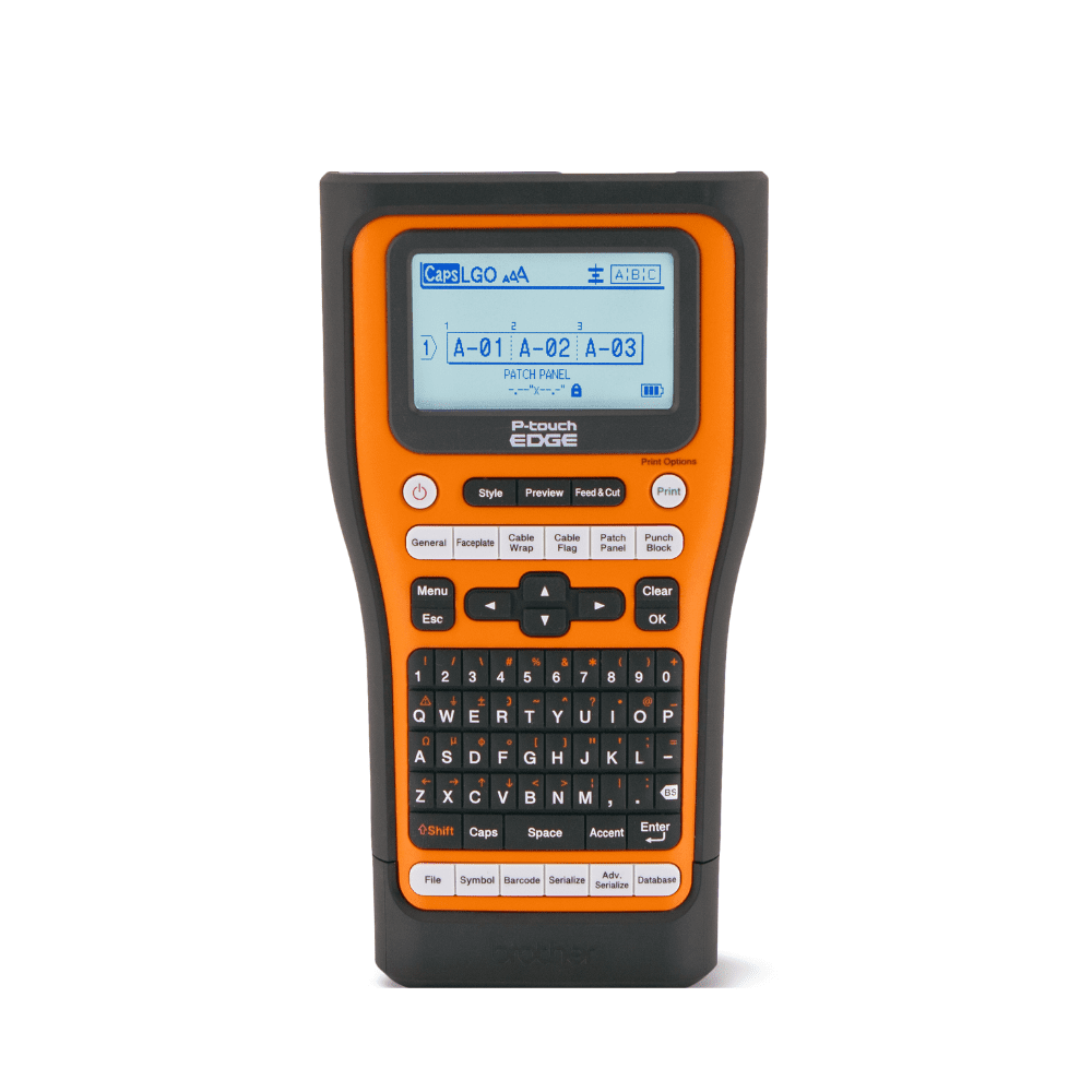 An orange and black electronic label maker with a screen displaying label text. It features a full QWERTY keyboard and several function buttons, including General, Label, and Cable. The device is branded with EDGE on the front.