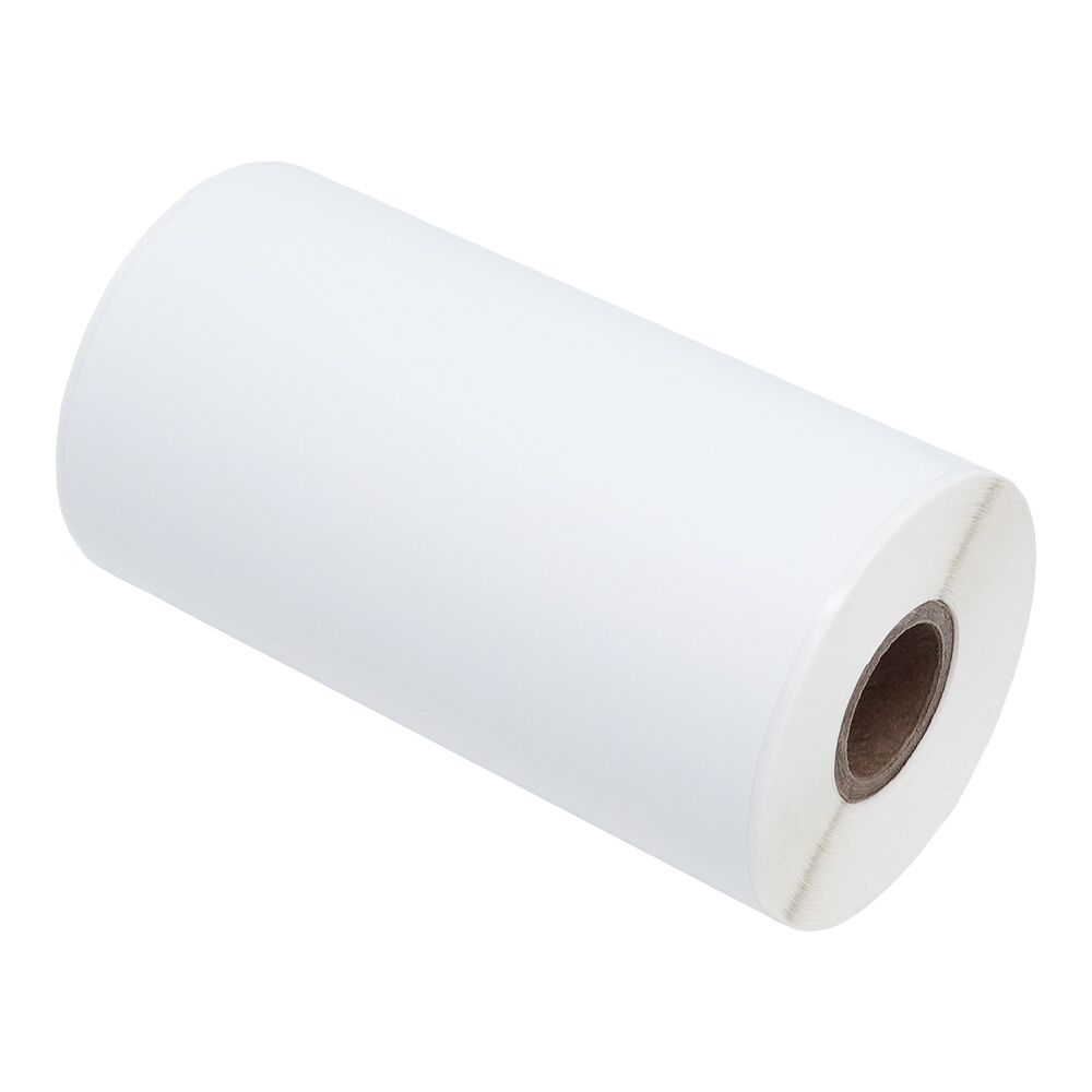 A white roll of paper with a brown cardboard core on a plain background.