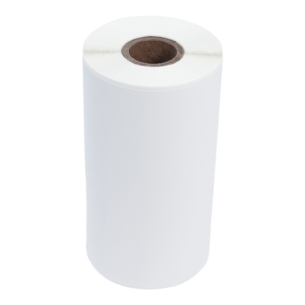 A roll of white thermal paper standing upright on a white background.