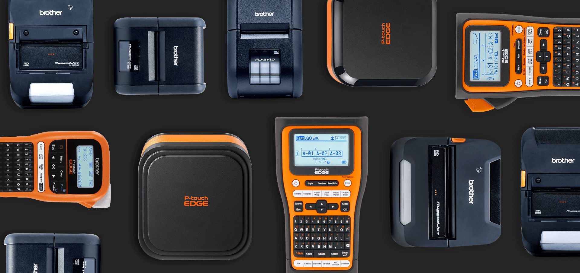 Assorted Brother and P-touch Edge barcode label printers and label makers are arranged on a black background.