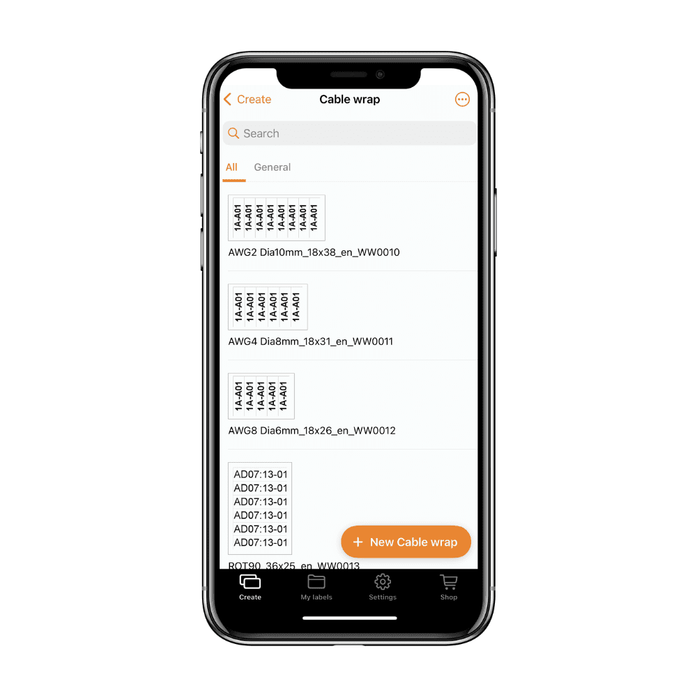A smartphone displaying the Pro Label Tool app interface shows a list of entries labeled with codes and dimensions. At the bottom, a highlighted button encourages users to add a new cable wrap effortlessly.