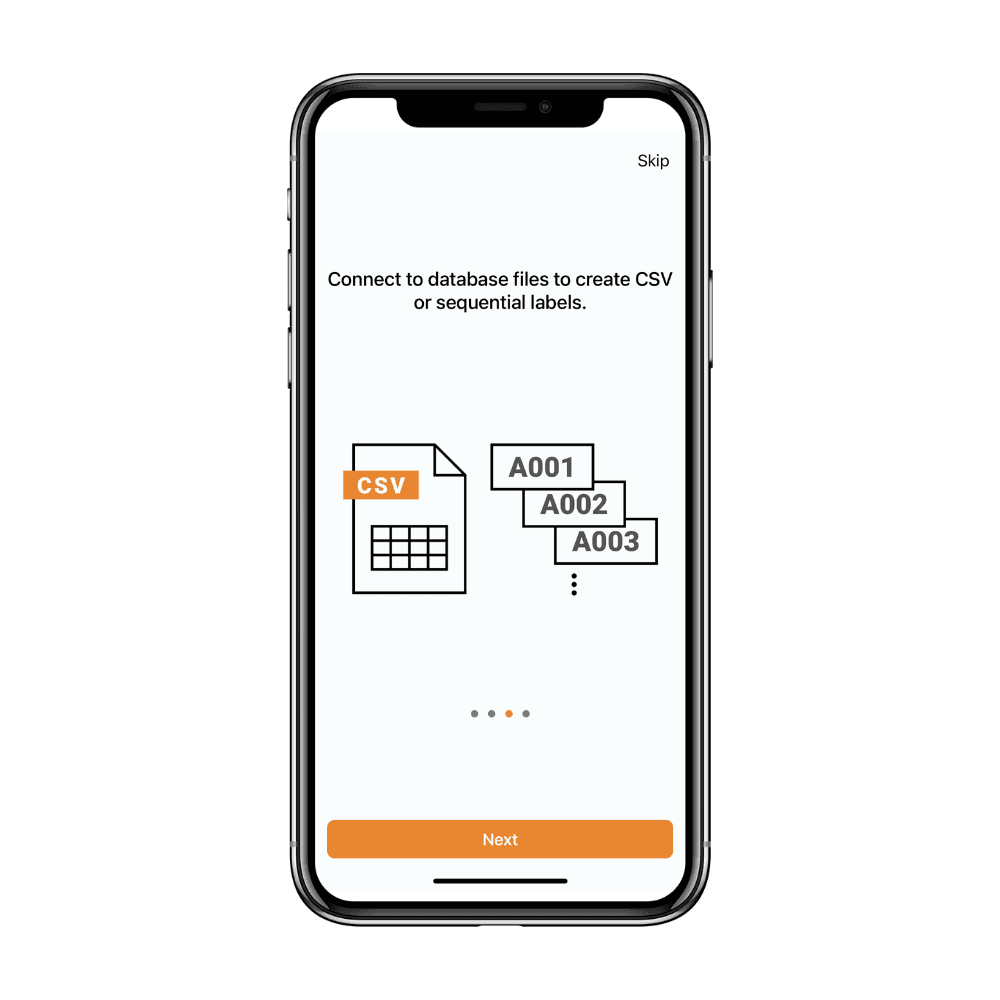 A smartphone screen showcases the Pro Label Tool app interface for creating CSV files. It features icons of a spreadsheet and sequential labels (A001, A002, A003). Professional labeling is made easy with Skip and Next buttons conveniently placed at the top and bottom.