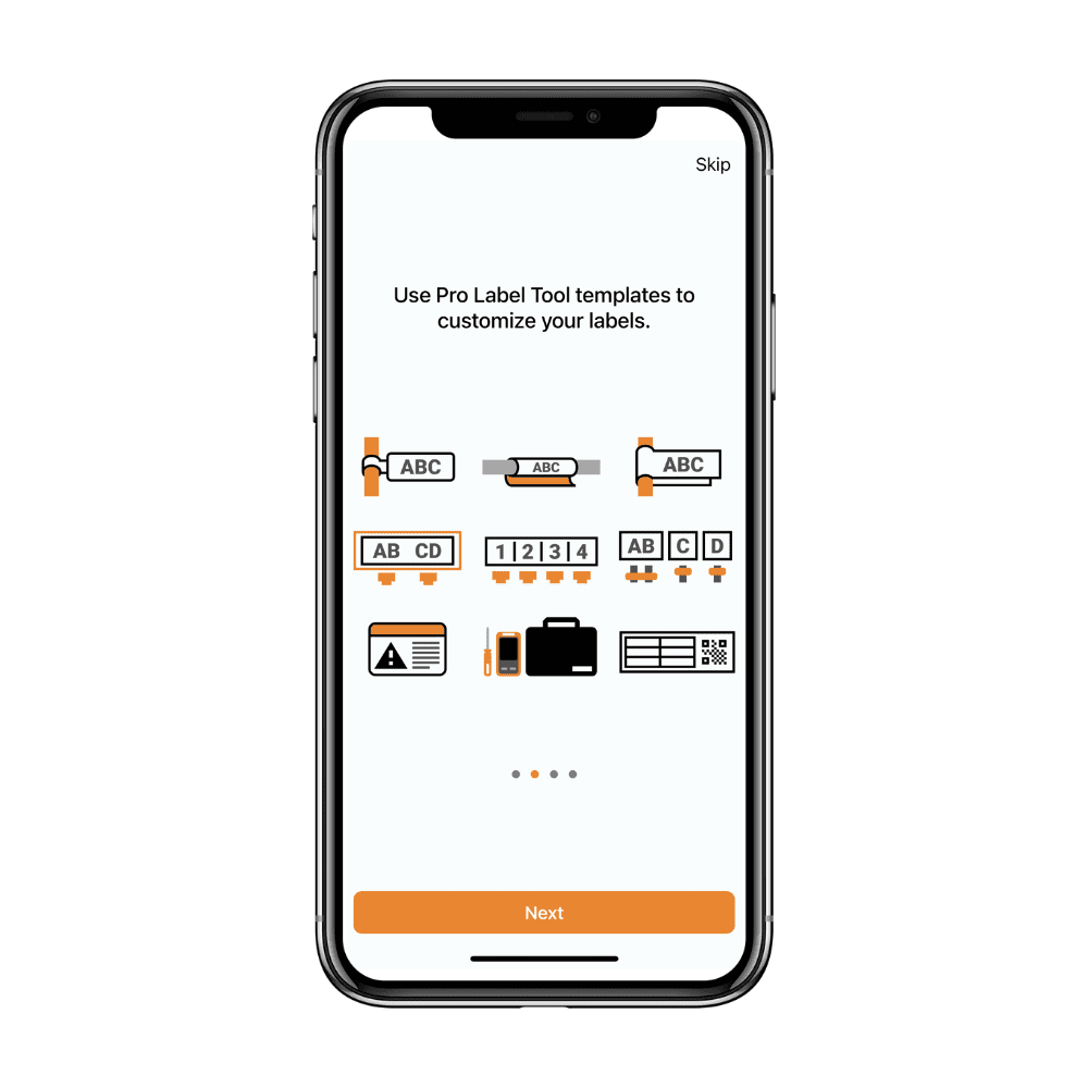 A smartphone showcases a label customization app interface with options for text styles, numbering, and symbols. The header invites users to 