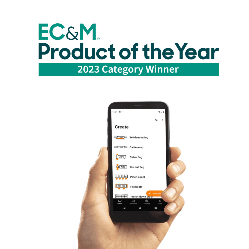 Hand holding a smartphone displaying the Pro Label Tool app with options like Self-laminating and Cable wrap on the screen. Above the phone, text reads EC&M Product of the Year 2023 Category Winner—a powerful choice for those prioritizing SEO in their projects.