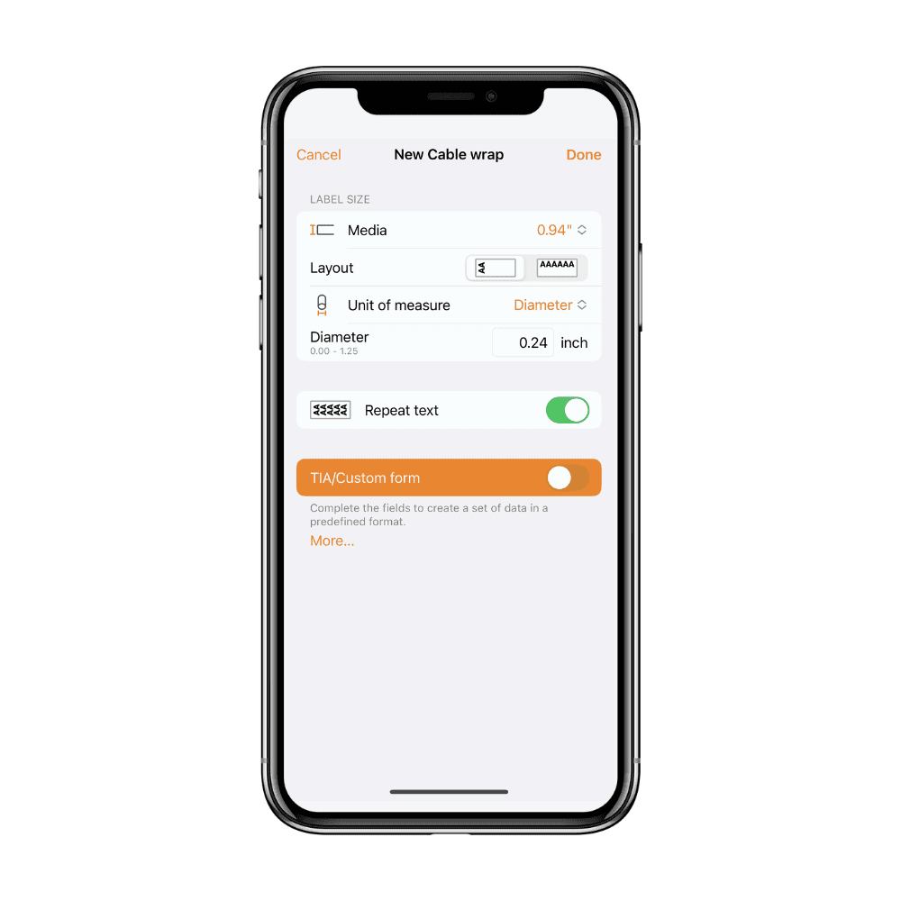 A smartphone screen showcases an AI tool interface for creating a new cable wrap. Options feature media selection, label size, diameter adjustment, and a toggle for TIA/Custom form, making it the pro label tool you need.