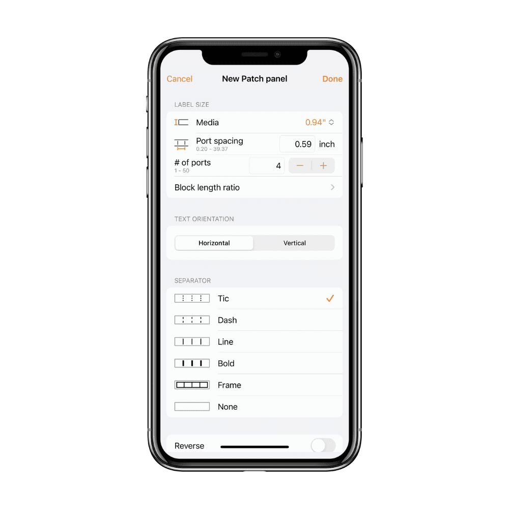 A smartphone screen displaying the Pro Label Tool interface for a New Patch panel setup. Options include label size, port spacing, number of ports, block length ratio, text orientation, and separator style. Various settings and buttons are shown in this versatile labeling software.