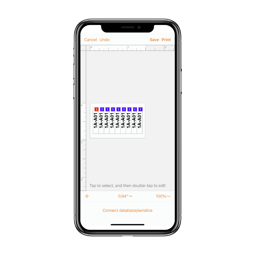 A smartphone screen showcases the Pro Label Tool app for creating labels. A grid of small rectangular labels, marked 1A-A01, appears in vibrant colors: red, blue, and black. Buttons for Cancel, Undo, Save, and Print are conveniently positioned at the top.
