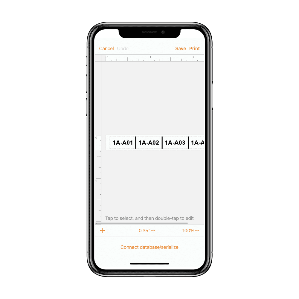 A smartphone screen showcases the Pro Label Tool app, with labels marked as 1A-A01, 1A-A02, and 1A-A03. The sleek interface offers options to save and print, optimizing your label-making efficiency like never before.