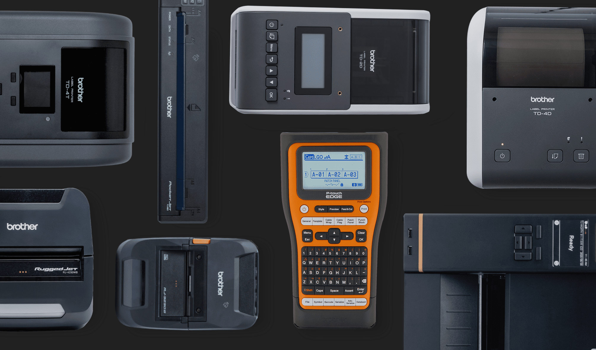 Assorted Brother label and receipt printers and a label maker arranged on a black background.