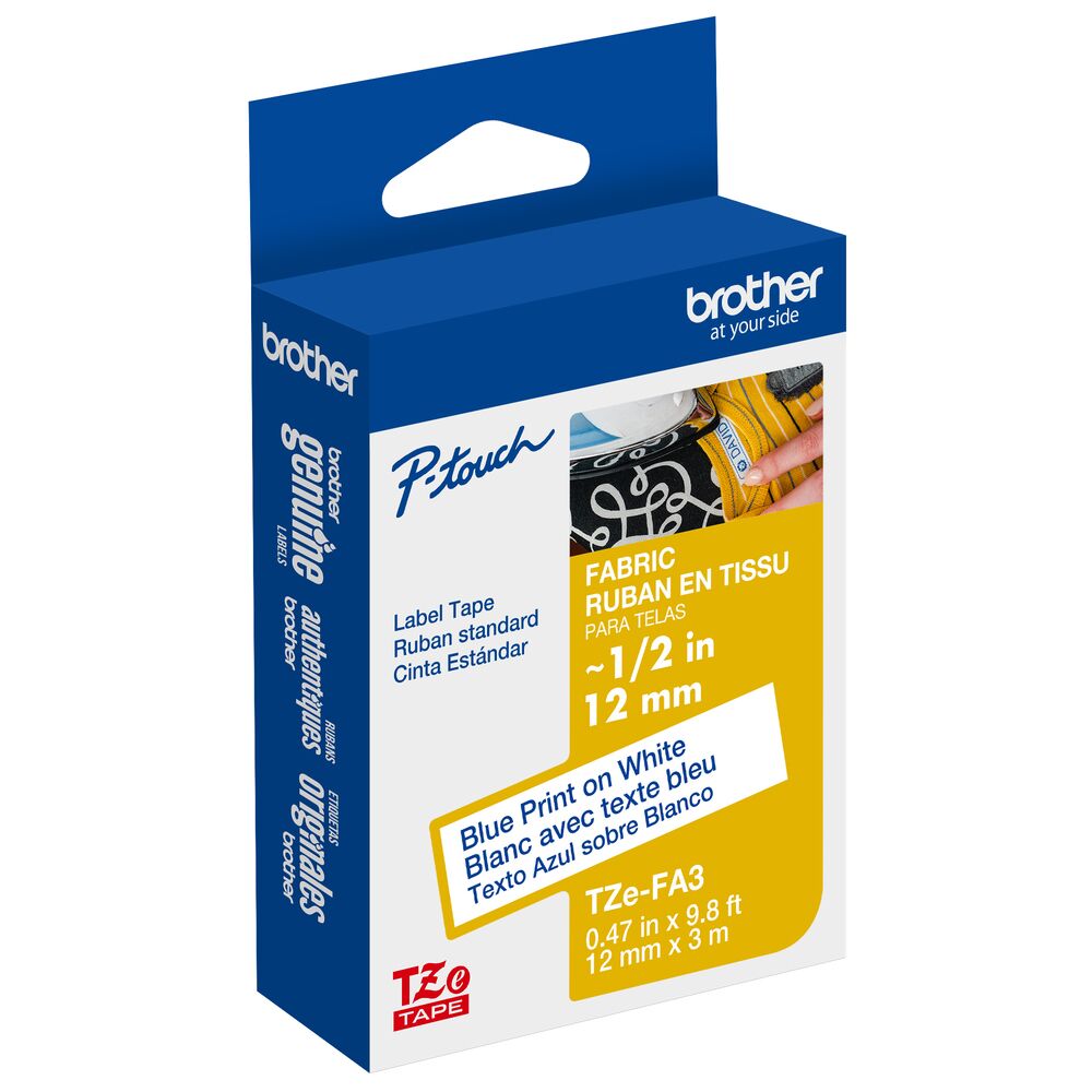 TZeFA3 Brother P-touch label tape for fabric, 12mm wide, blue on white, 9.8 ft.