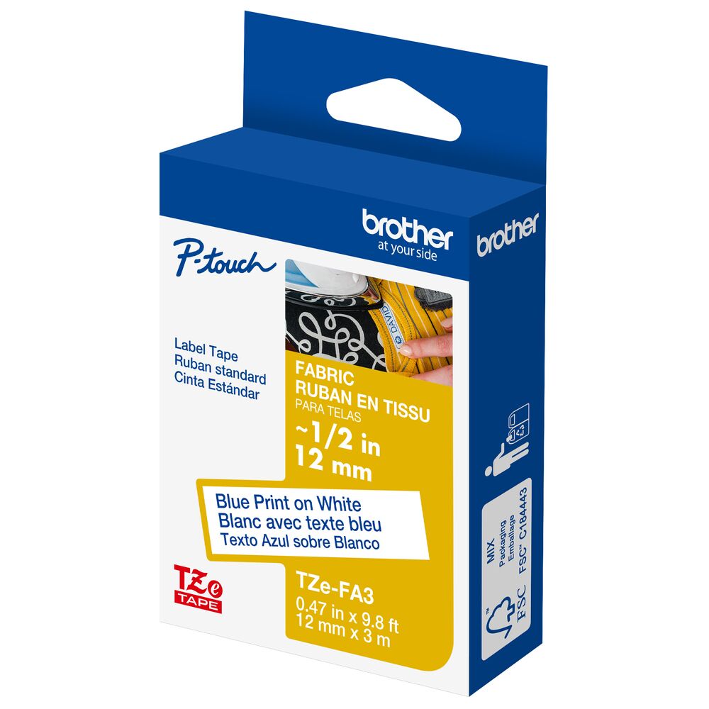 Brother TZeFA3 P-touch fabric label tape, 12mm x 3m, blue print on white, ideal for labeling fabric items.