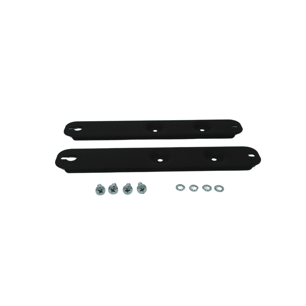Two black metal mounting brackets with four holes each, accompanied by four small screws and washers, arranged on a plain white background.