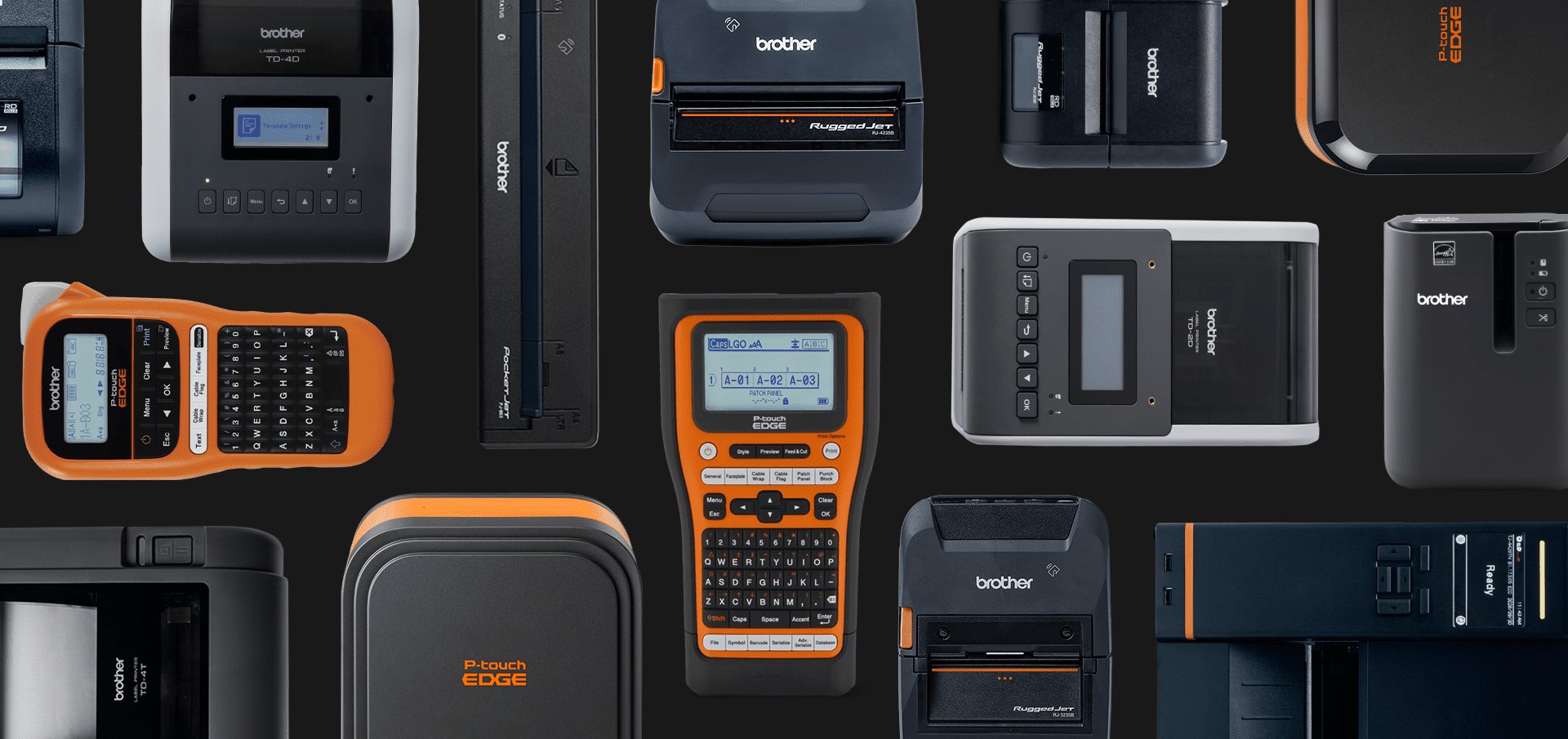Assorted Brother label makers and printers arranged on a dark background, viewed from above.