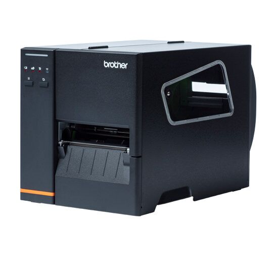 The Brother Titan Industrial Printer 4010TN features a sleek, rectangular design complete with an LED control panel. Its wide opening for label output optimizes efficiency, and the orange accent on the front adds a modern touch to this compact powerhouse.