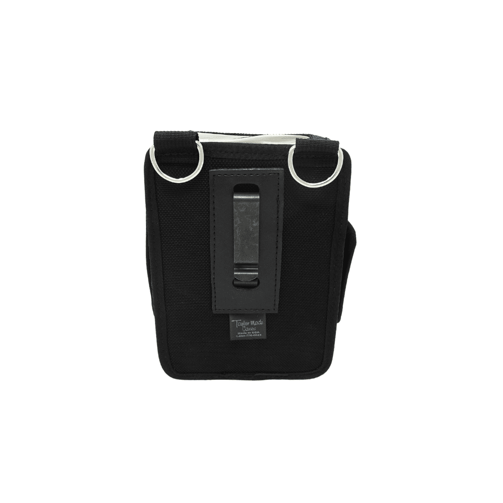 LBX118001 is a black handheld pouch featuring a metal clip and two D-rings on top, displayed against a white background.