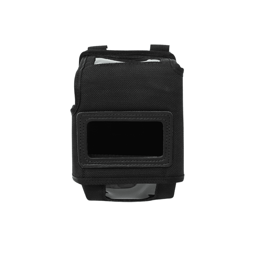 A black fabric pouch called LBX118001 features a rectangular window on the front and Velcro closures.