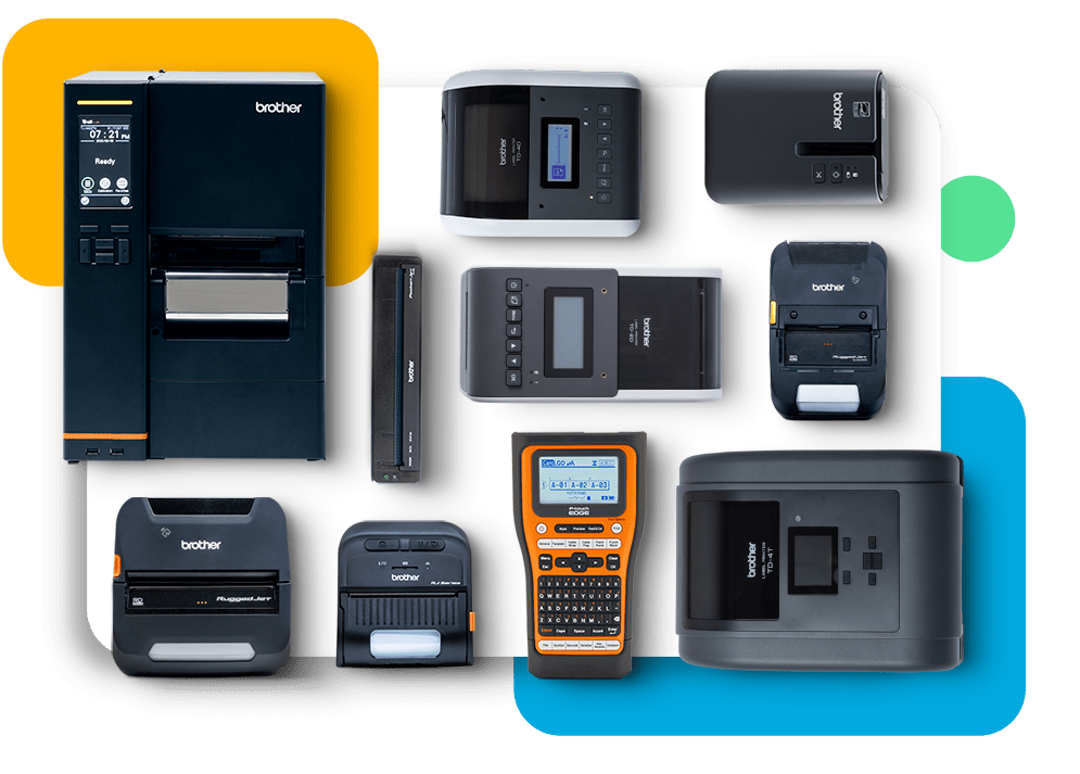 A collection of various Brother labeling and printing devices is arranged on a colorful, abstract background. The devices vary in size and design, including handheld and desktop models with digital displays. Try one today for free to experience precision and convenience firsthand.