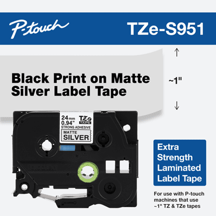 TZe-S951 - 24mm Black on Matte Silver Laminated Label Tape