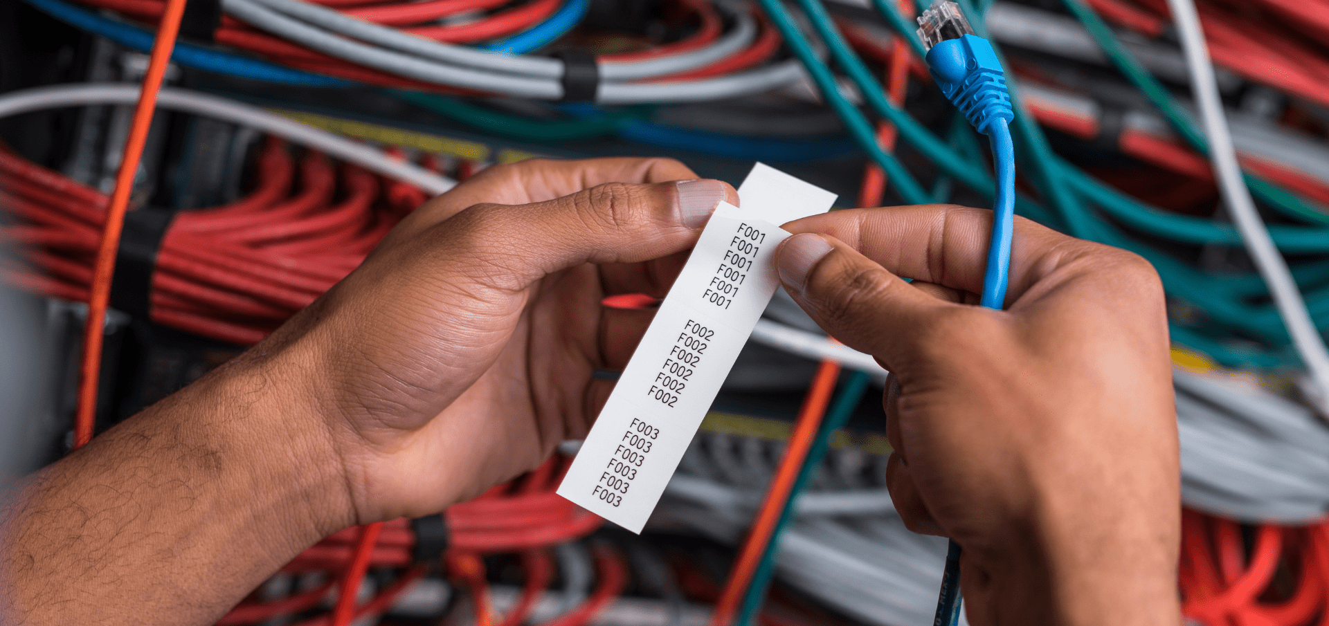 Hands labeling network cables in a server room, holding a printed label and a blue Ethernet cable