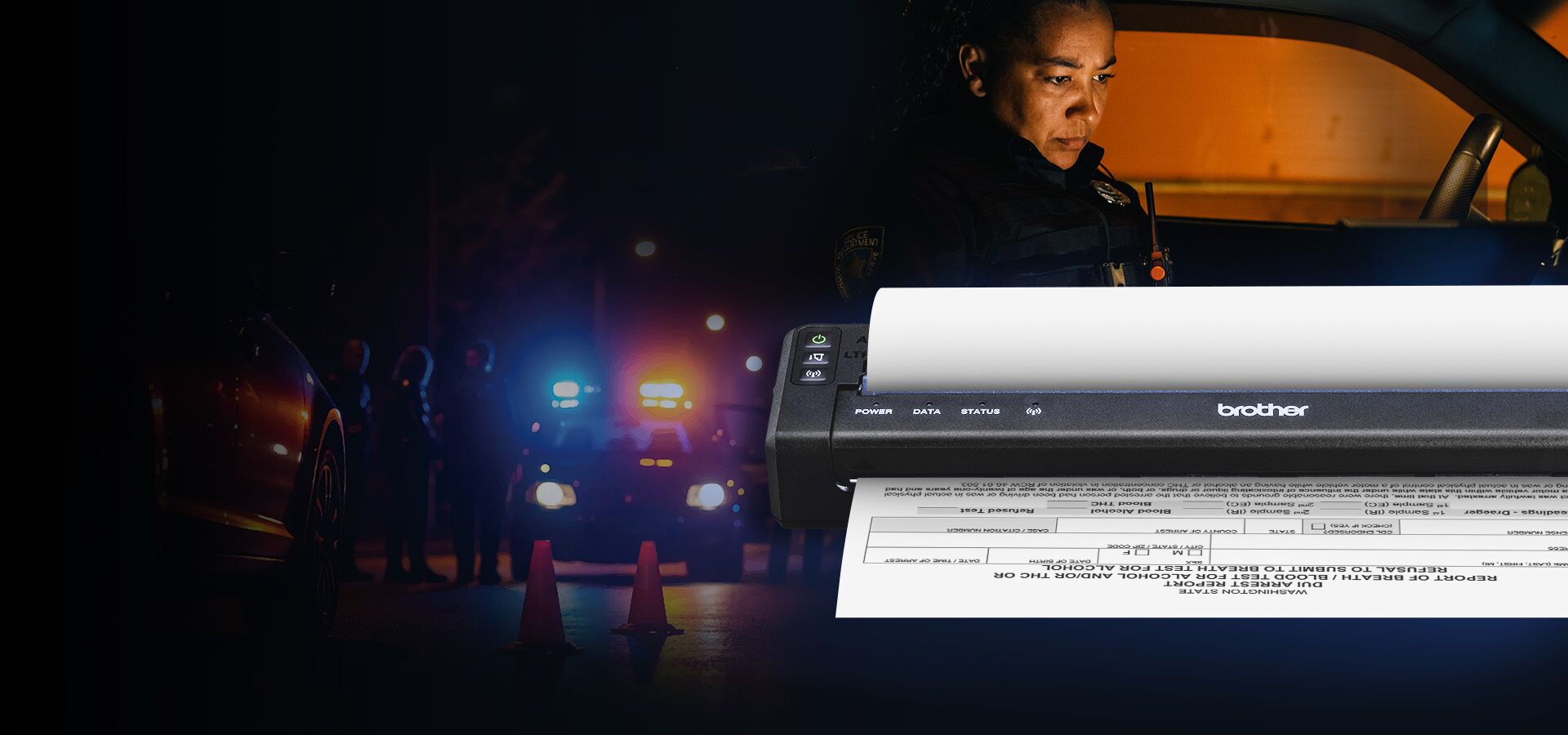 A police officer in a car at night uses a Brother scanner for Full-Page Mobile Printing, with police cars and flashing lights illuminating the background.