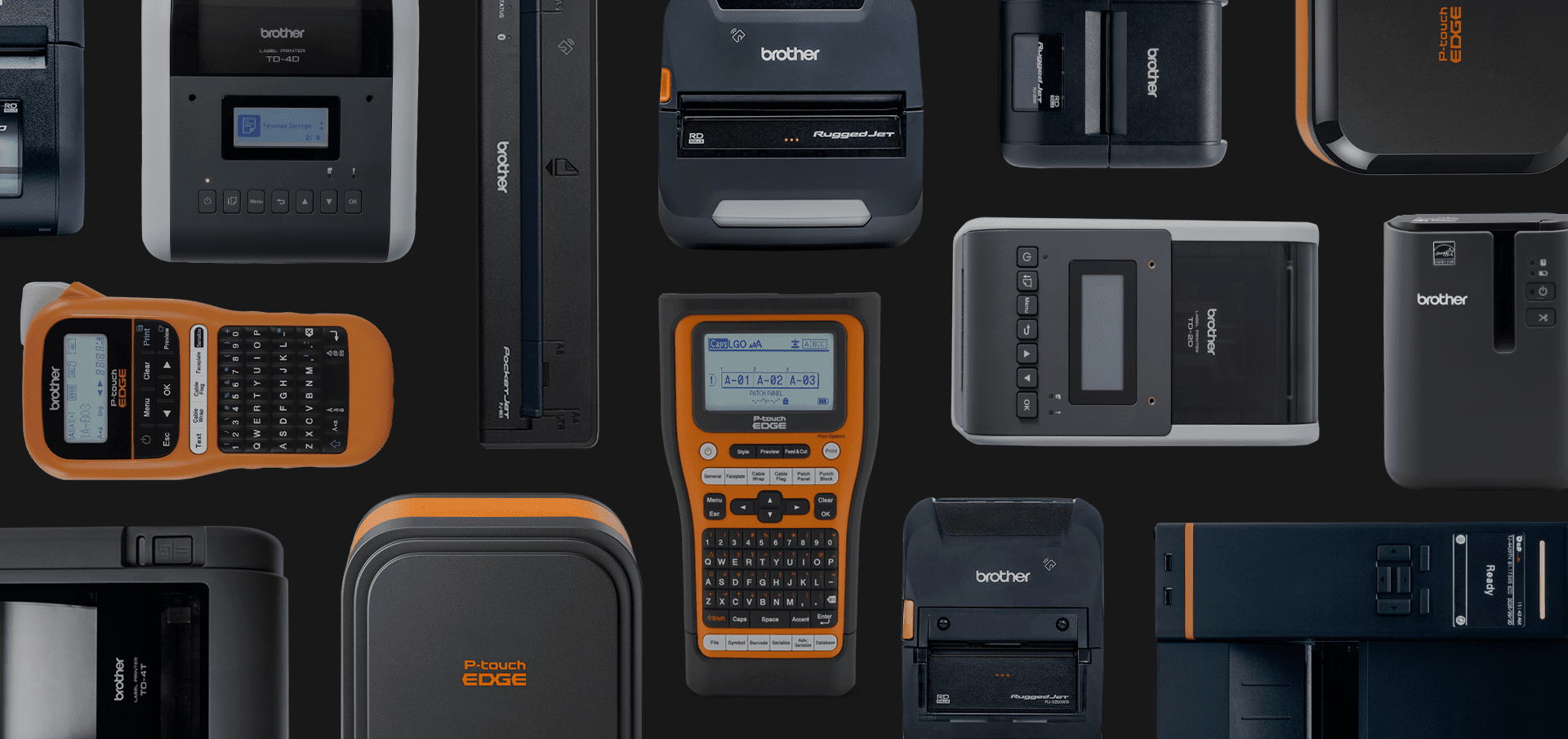 Various Brother label printers and handheld labeling devices arranged on a dark background.