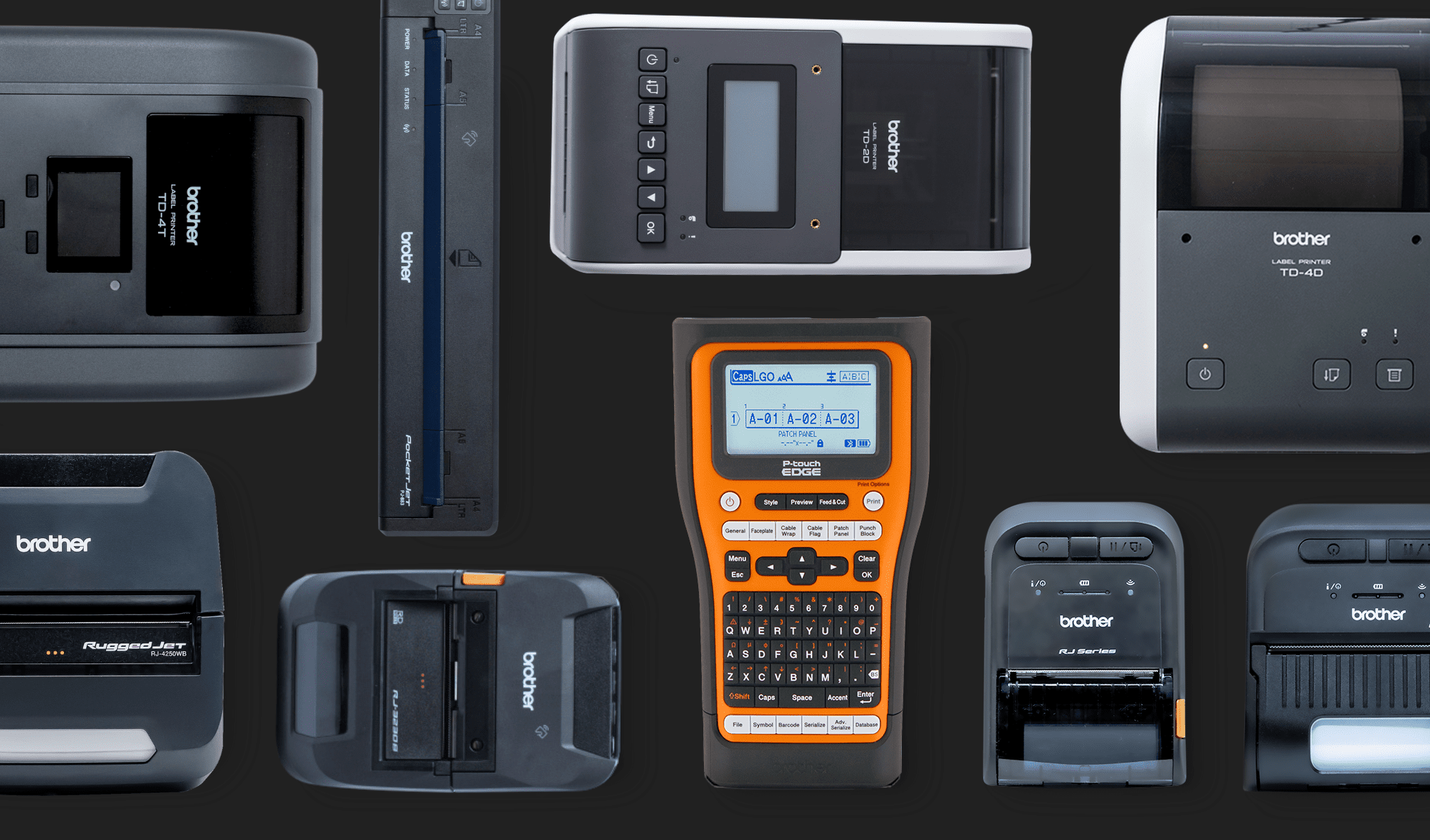 Various Brother label printers and tape machines arranged on a black background.