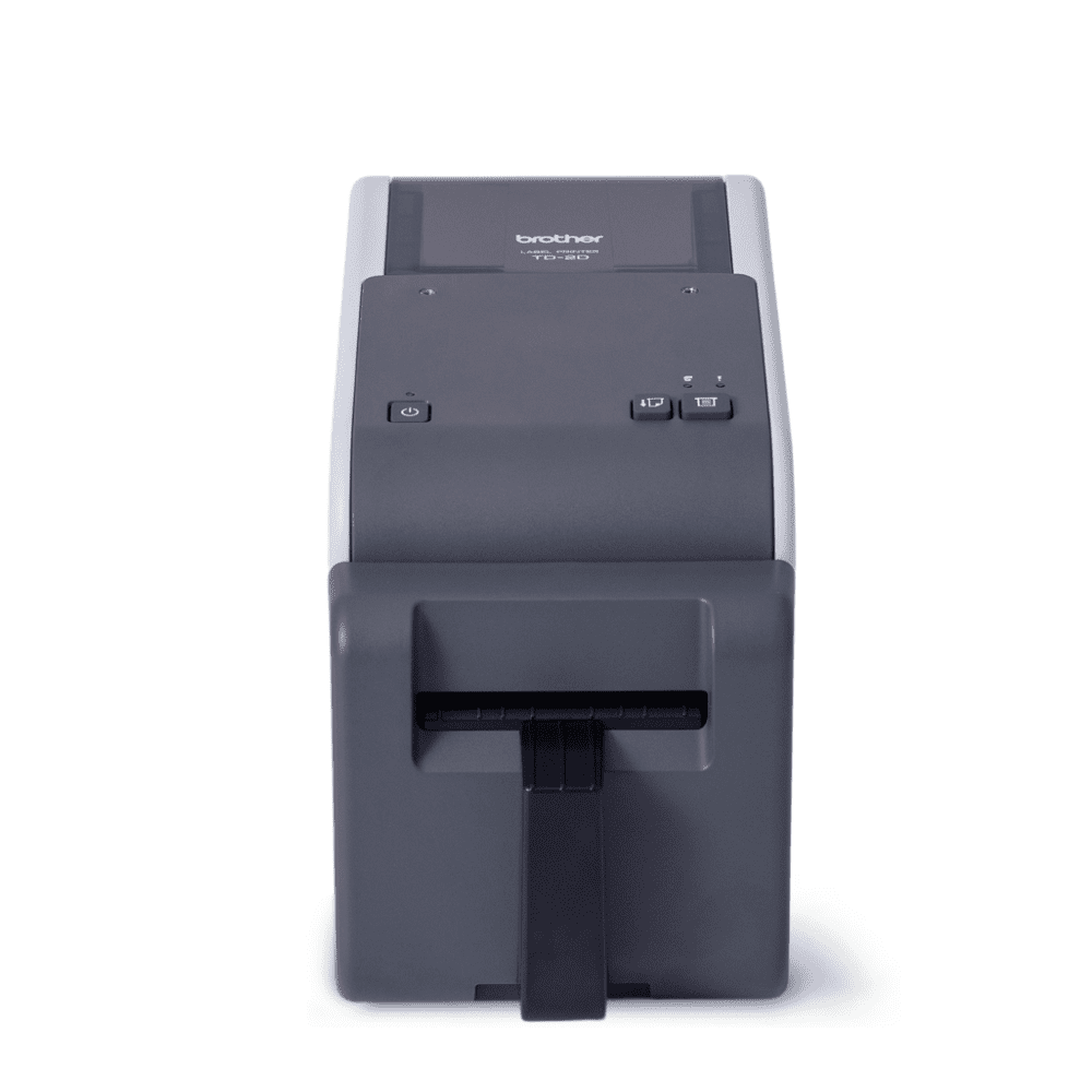 The front view displays the compact black and gray TD-2320DFC300 Brother label printer against a clean white background.