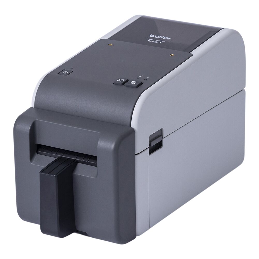 A compact label printer with a sleek, gray design on a white background.