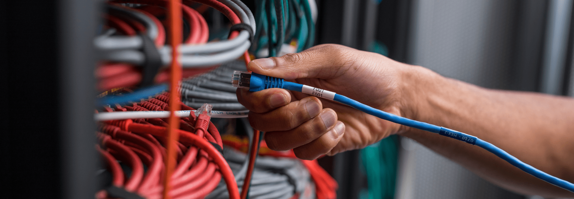 Hand plugging in a datacom cable with label on cable