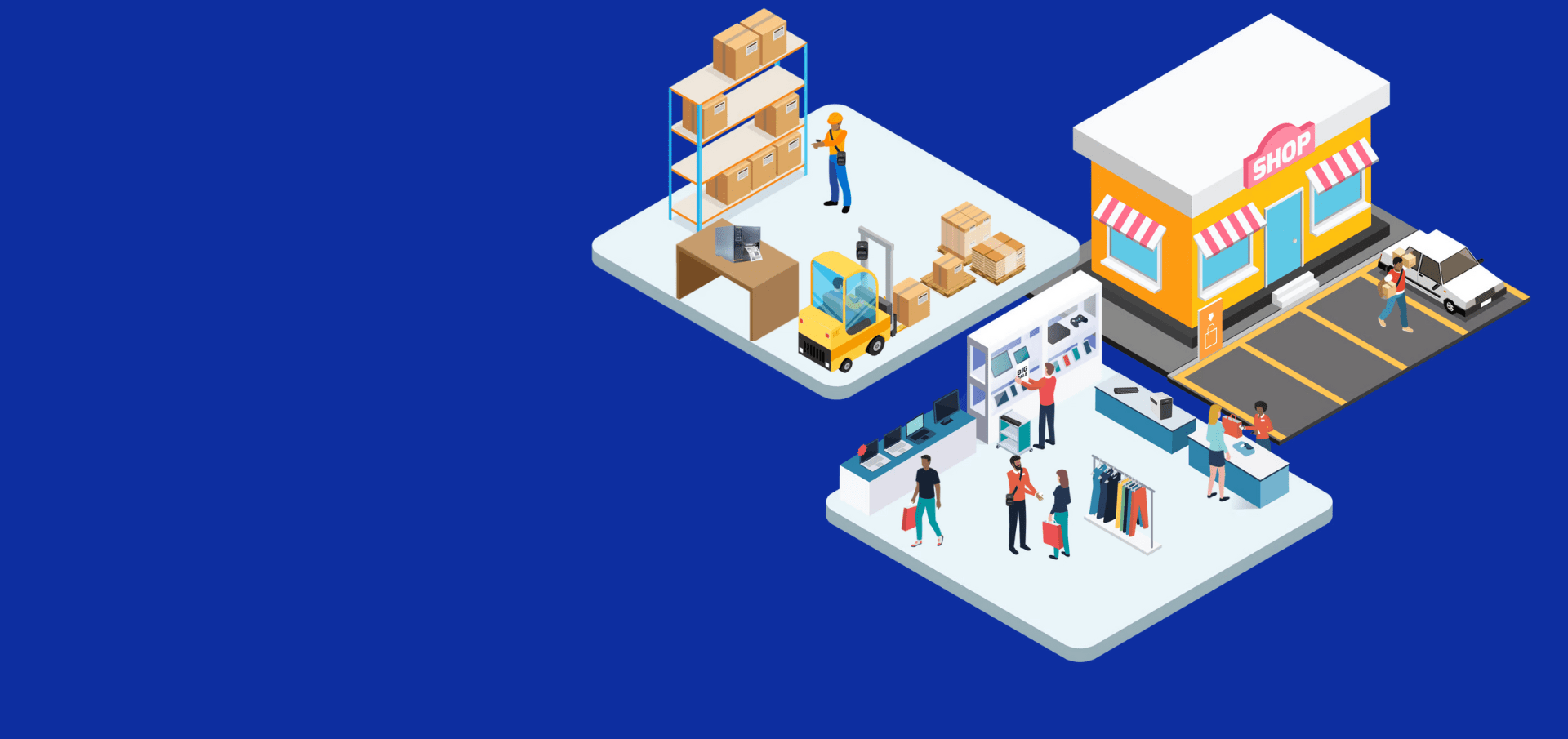 Isometric illustration of a modern retail warehouse, storefront, and shoppers inside a clothing store on a blue background.