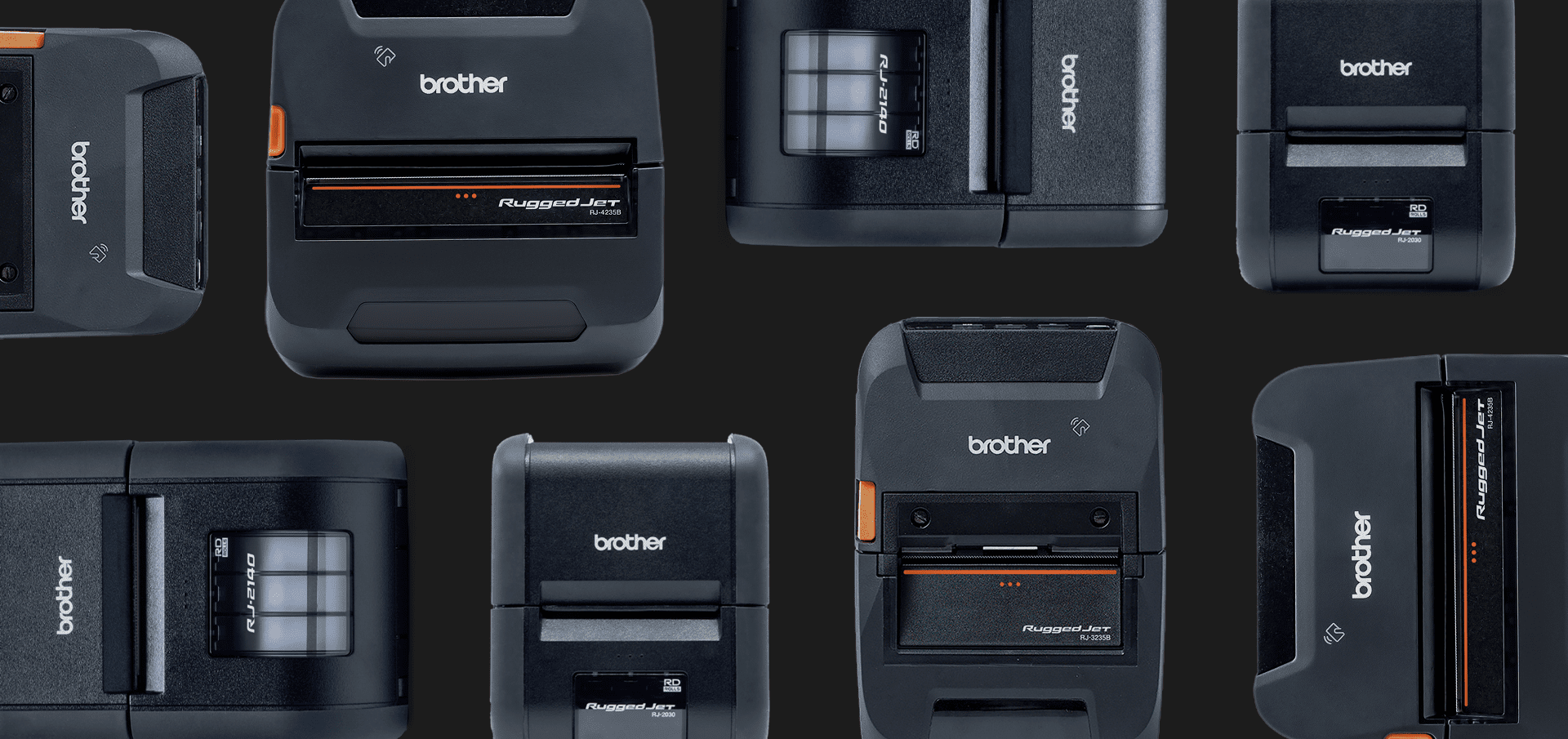 Multiple Brother RuggedJet mobile printers displayed from various angles on a dark background.