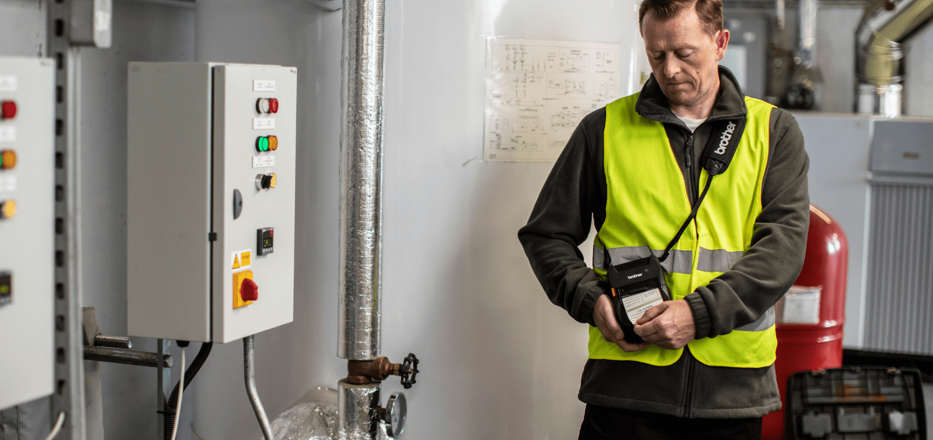 A man in a yellow safety vest uses a handheld device near electrical control panels, demonstrating efficient Field Service Management in an industrial setting.