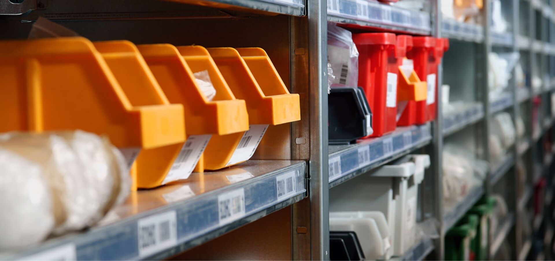 Shelves of containers with labels